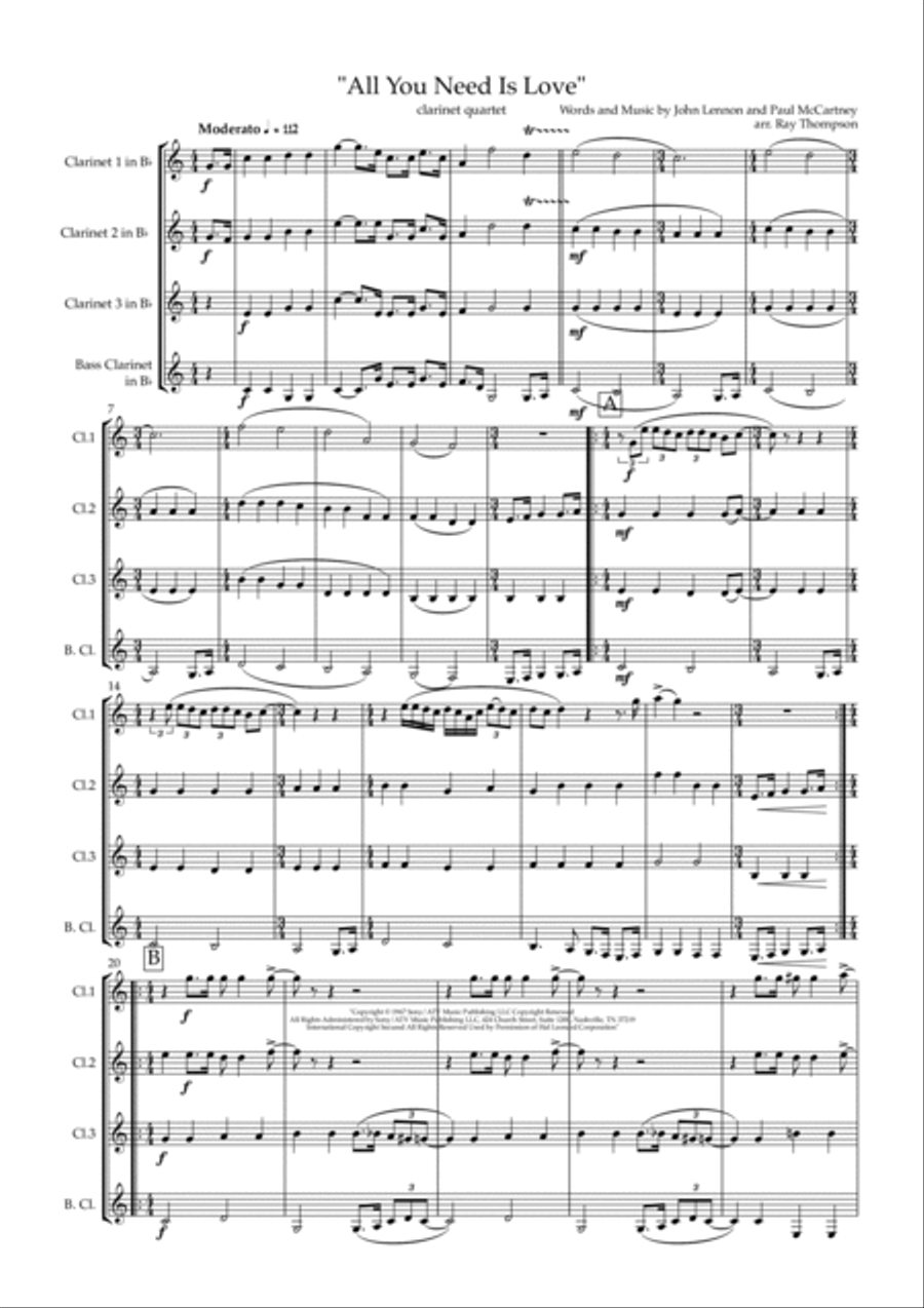 All You Need Is Love Clarinet Quartet scores gallery preview page 2
