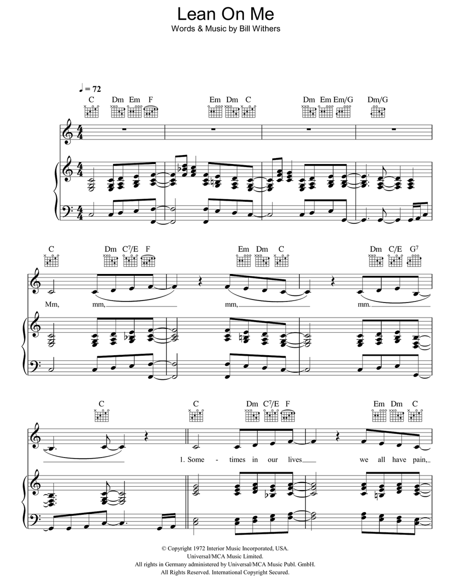 Lean On Me Piano, Vocal, Guitar scores gallery preview page 1