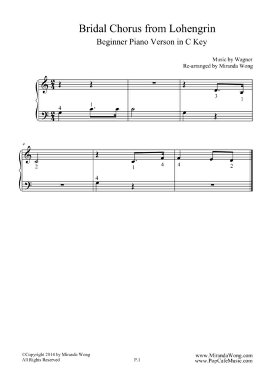 Bridal Chorus (from Lohengrin) - Beginner Piano Version in C Key Piano Method scores gallery preview page 1
