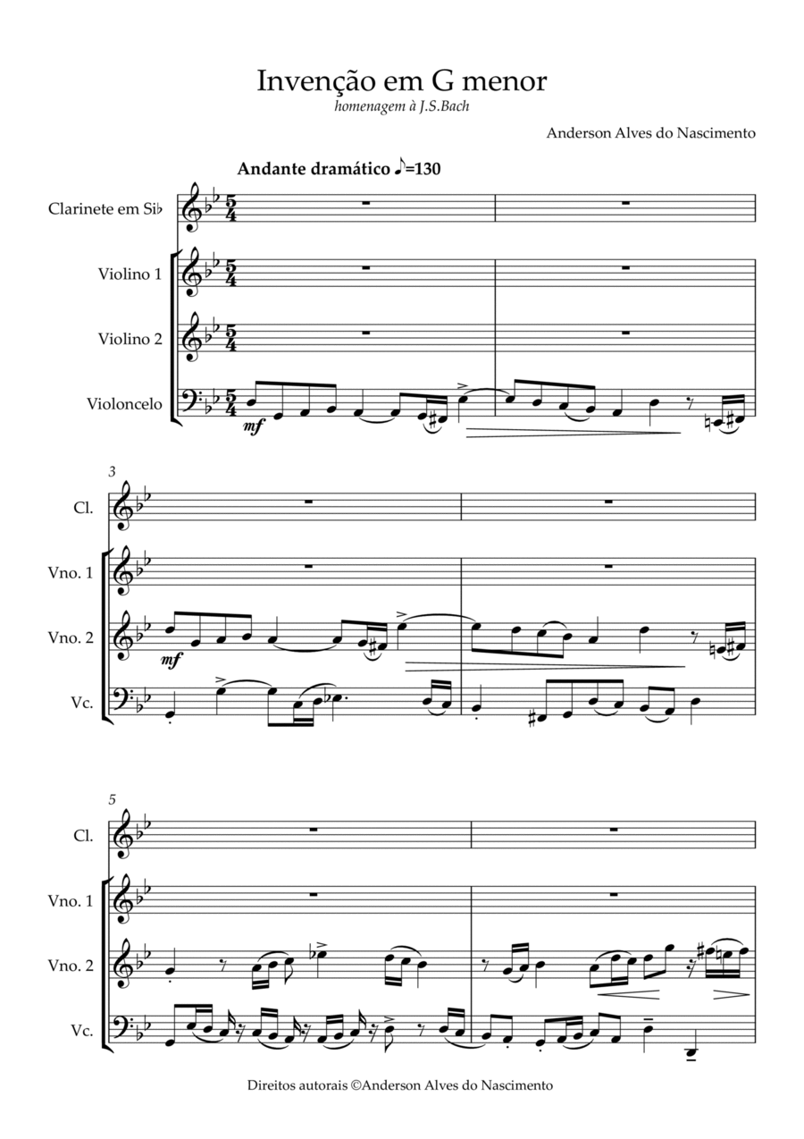 Invention in G minor for quartet Clarinet scores gallery preview page 1