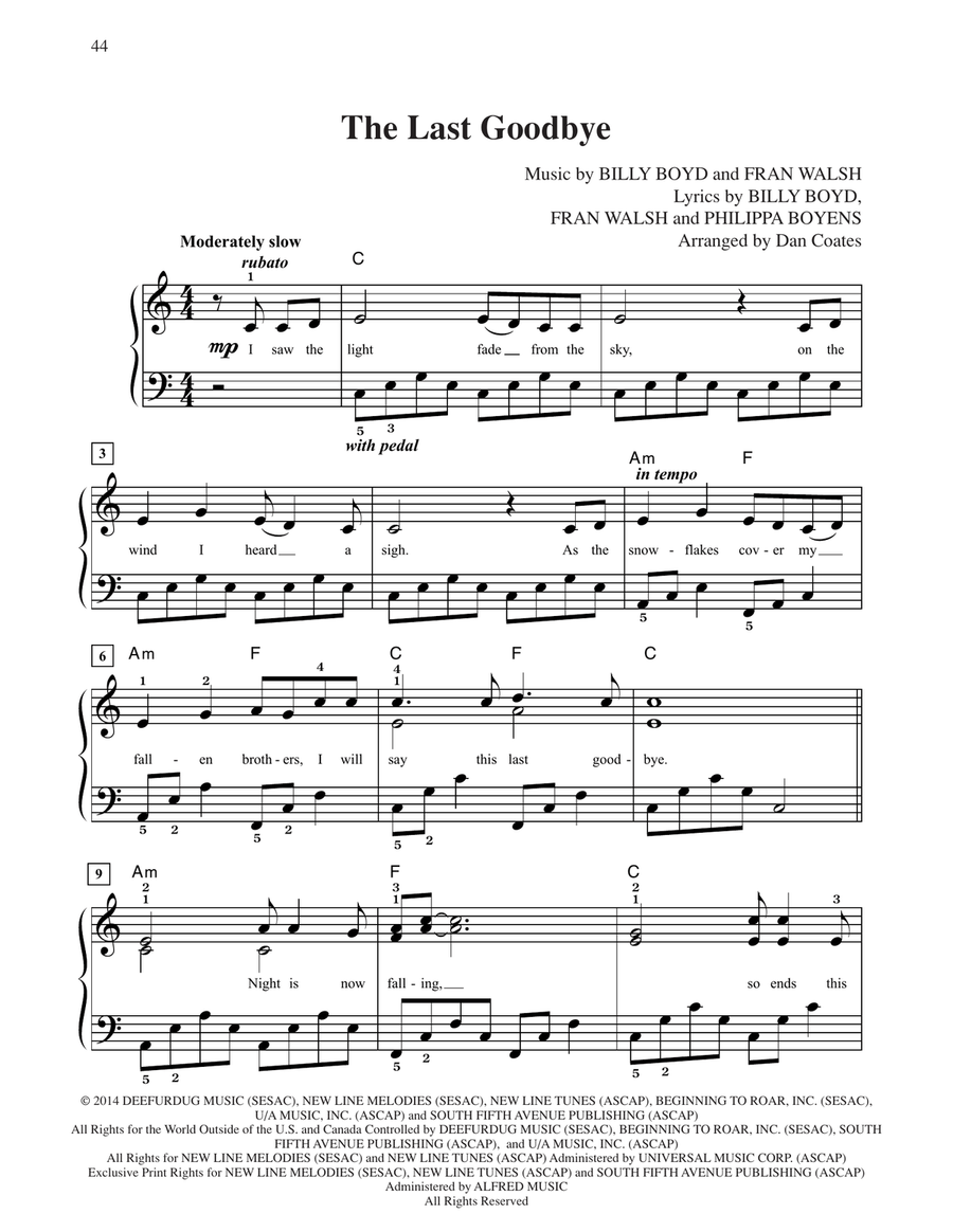 The Last Goodbye (from The Hobbit: The Battle of the Five Armies) (arr. Dan Coates) Easy Piano scores gallery preview page 1
