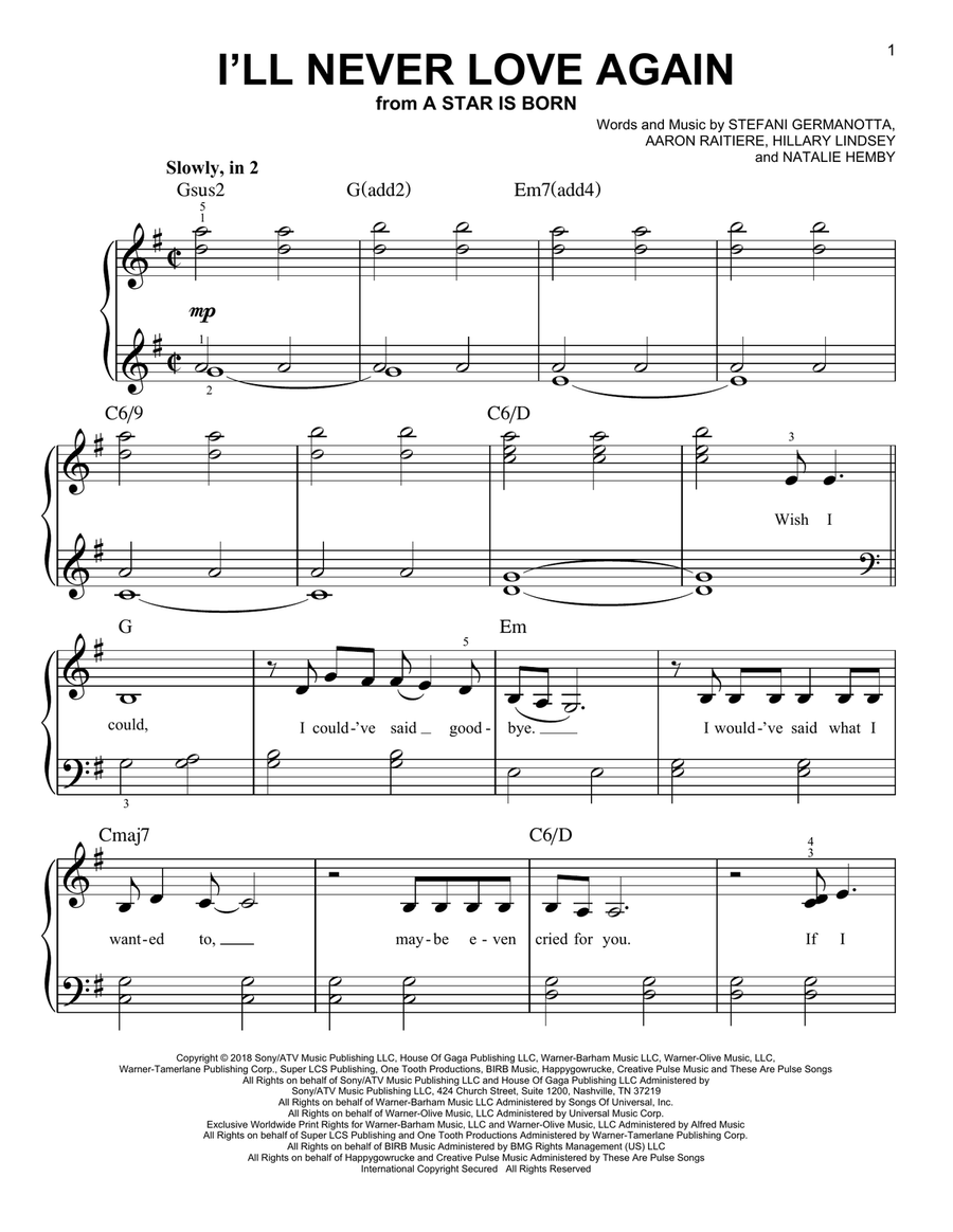 I'll Never Love Again (from A Star Is Born) Easy Piano scores gallery preview page 1