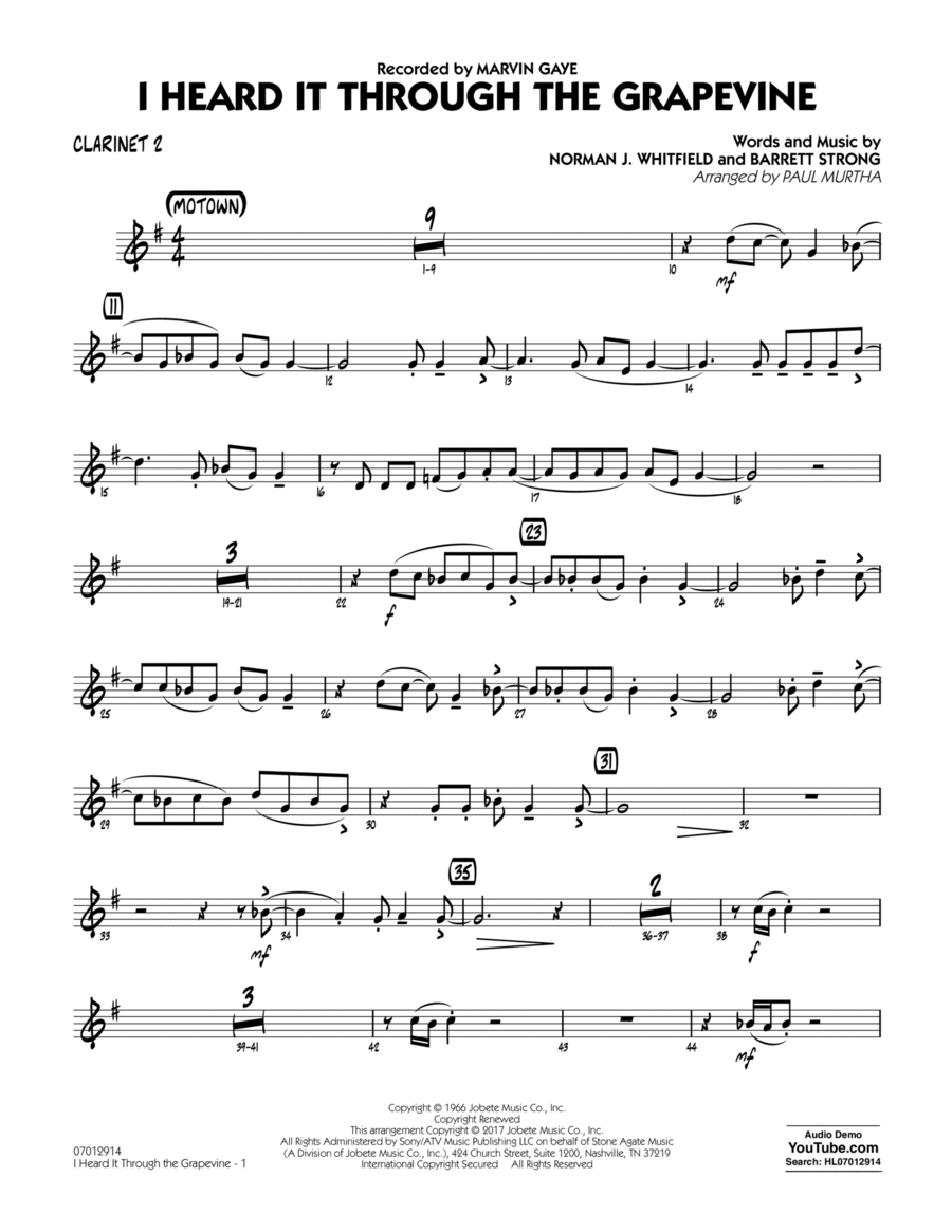 I Heard It Through the Grapevine - Bb Clarinet 2 B-Flat Clarinet scores gallery preview page 1