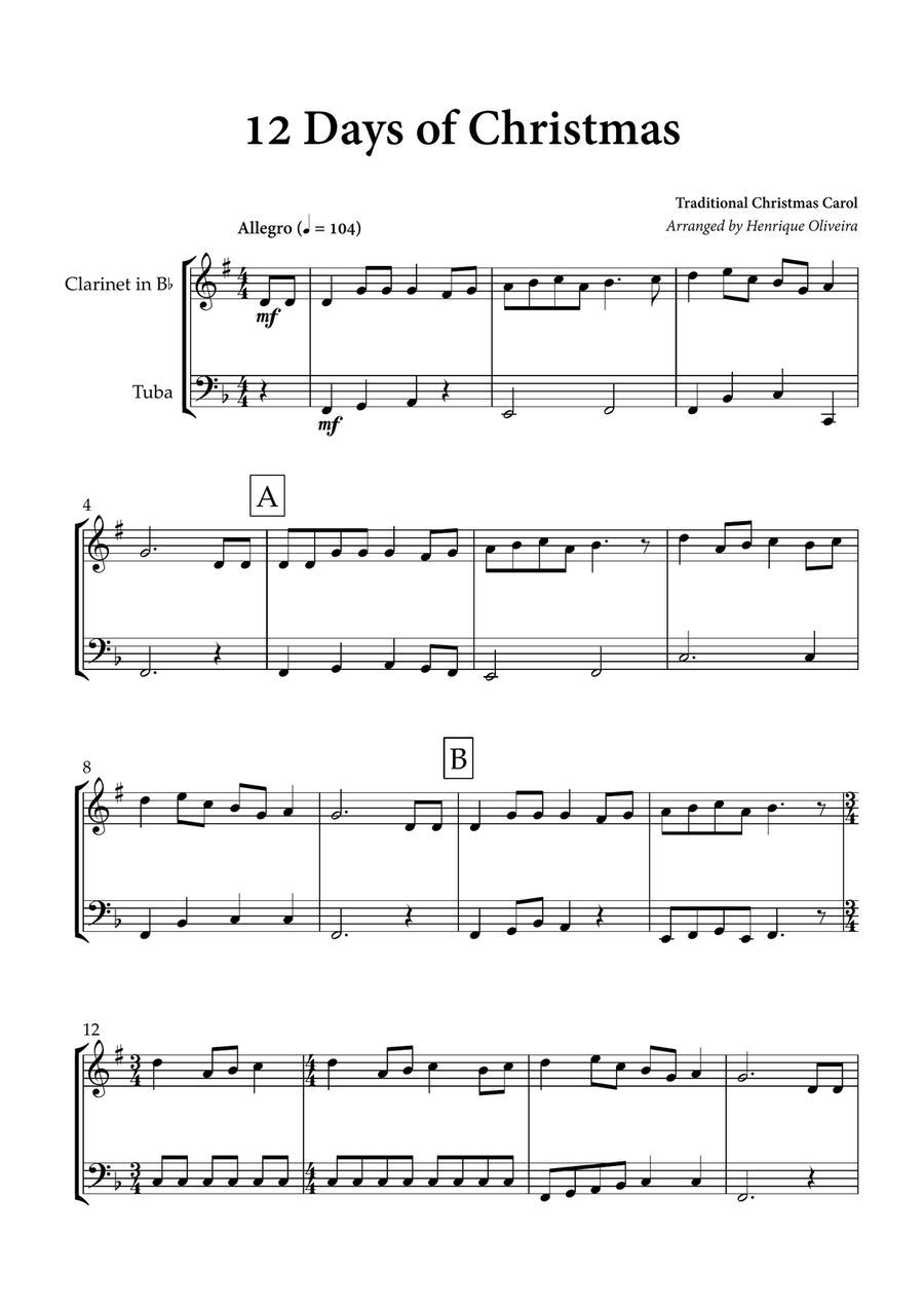 12 days of Christmas (Clarinet and Tuba) - Christmas Carol B-Flat Clarinet scores gallery preview page 1