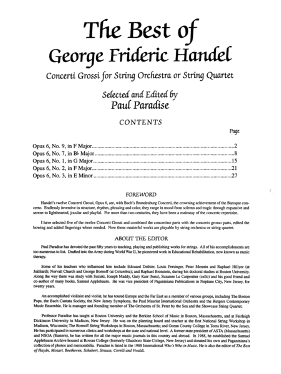 The Best of George Frideric Handel (Concerti Grossi for String Orchestra or String Quartet)