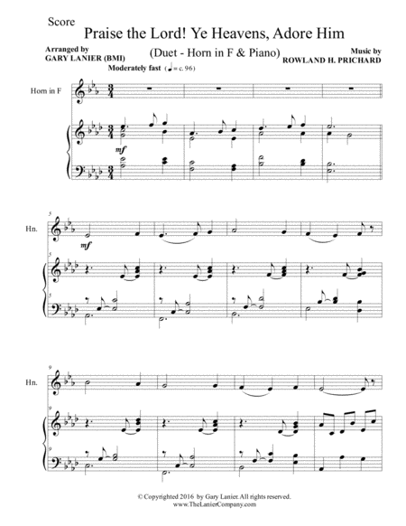 PRAISE THE LORD! YE HEAVENS, ADORE HIM (Duet – Horn in F & Piano with Score/Part) image number null