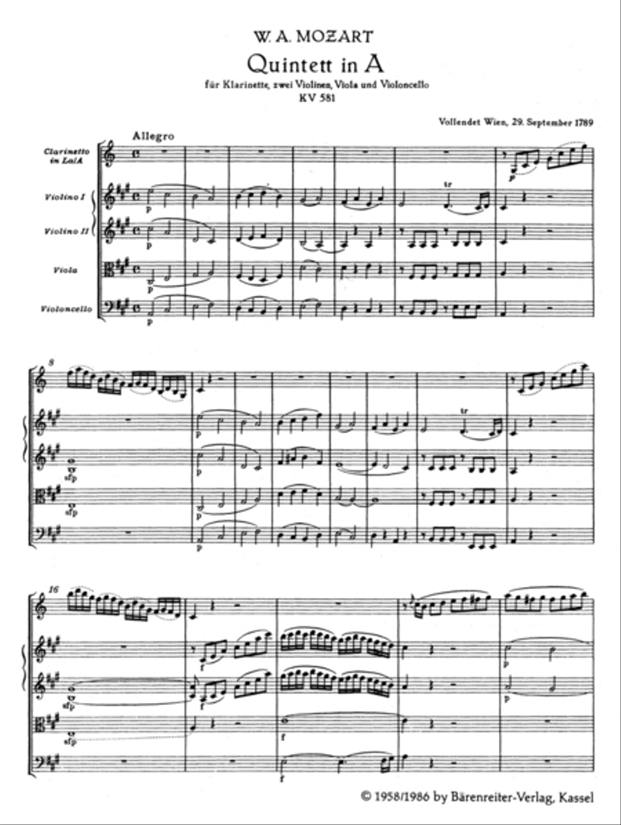 Quintet for Clarinet, two Violins, Viola and Violoncello in A major K. 581 