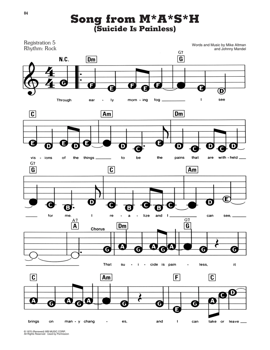 Song From M*A*S*H (Suicide Is Painless) Electronic Keyboard scores gallery preview page 1