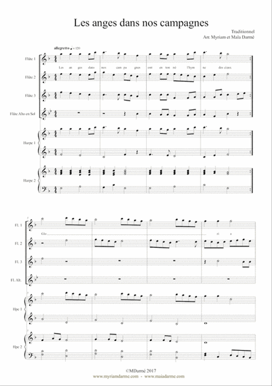 Les anges dans nos campagnes (Angels We Have Heard on High) - Flute(s) and Harp(s) Flute scores gallery preview page 2