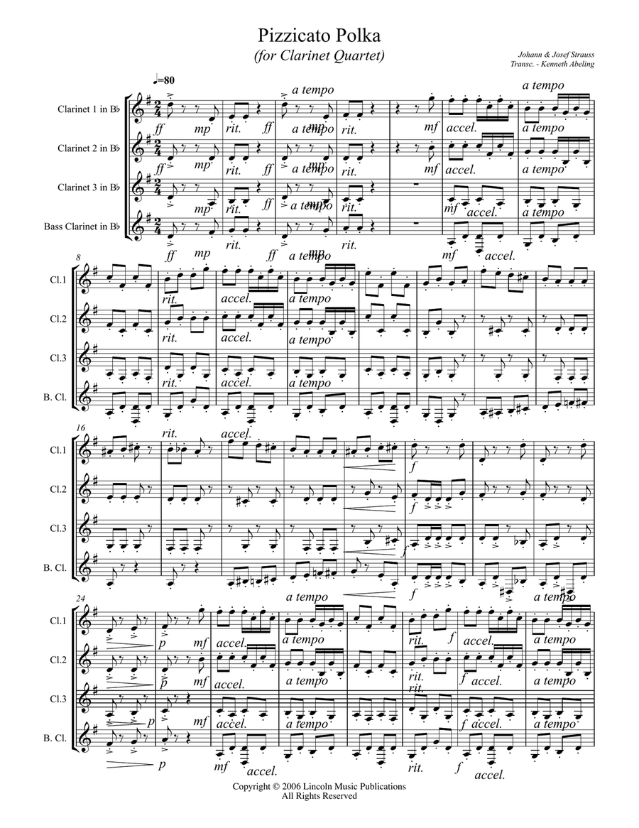 Strauss II – Pizzicato Polka (for Clarinet Quartet) Clarinet Quartet scores gallery preview page 2