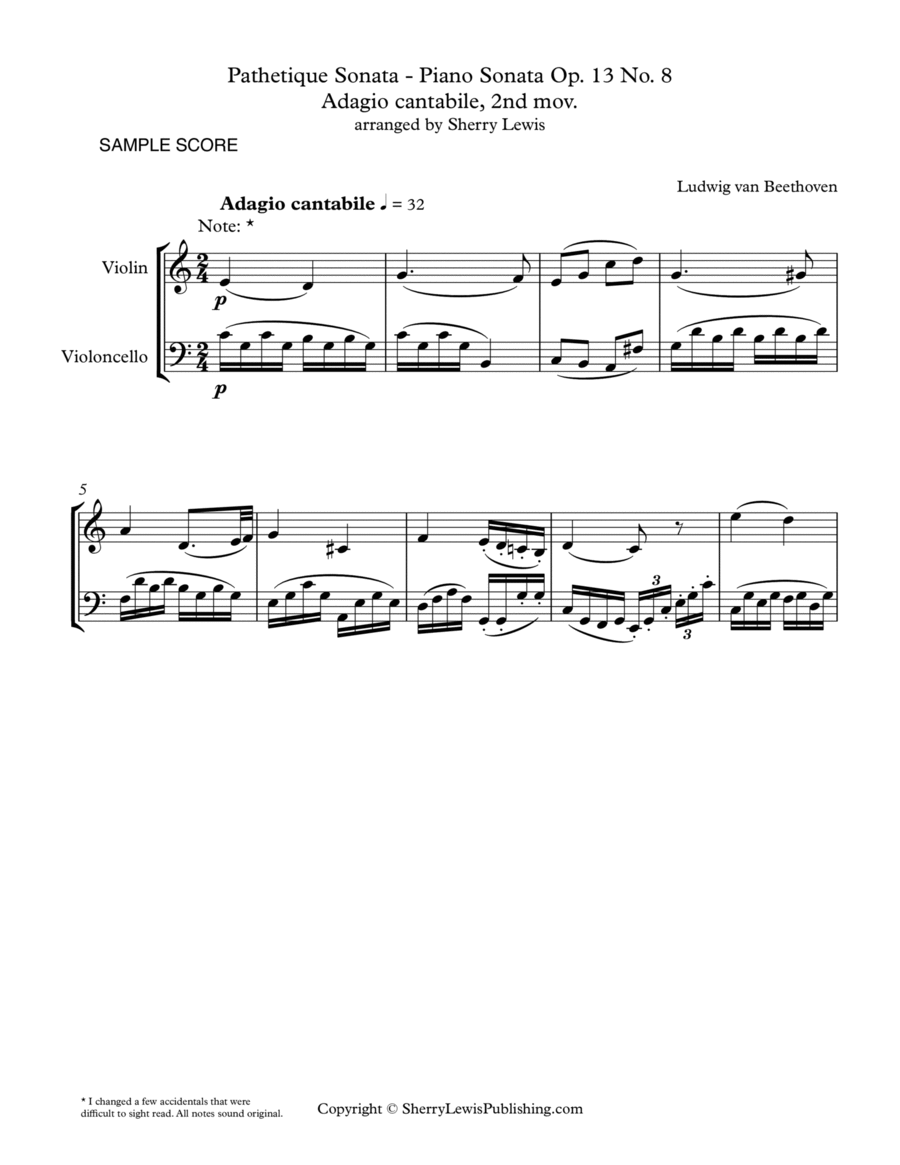PATHETIQUE SONATA, Adagio cantabile, 2nd mov. Op. 13, No. 8 String Duo, Intermediate Level for viol image number null