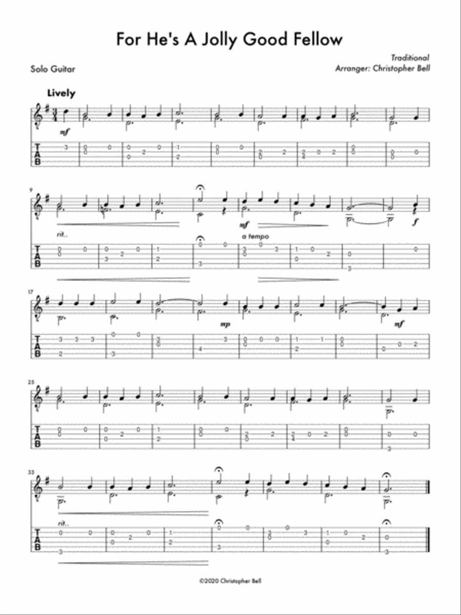 For He's A Jolly Good Fellow (Easy Solo Guitar) Guitar Tablature scores gallery preview page 1