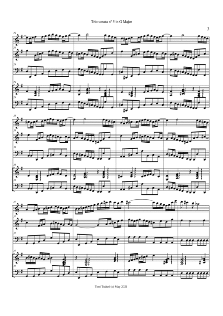 Trio sonata nº5 in G Major for flute, violin & cello or 2 violins & cello and basso continuo (SCORE Small Ensemble scores gallery preview page 3