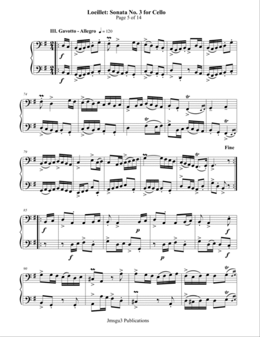 Loeillet: Sonata No. 3 for Cello Duo String Duet scores gallery preview page 5