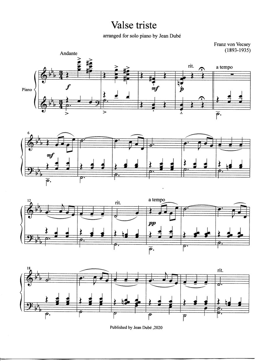 F.von Vecsey: Valse Triste (for piano solo) Piano Solo scores gallery preview page 1