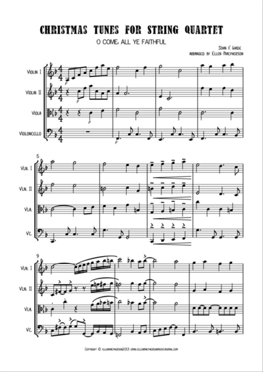 Christmas Tunes for String Quartet - O Come, All Ye Faithful String Quartet scores gallery preview page 1