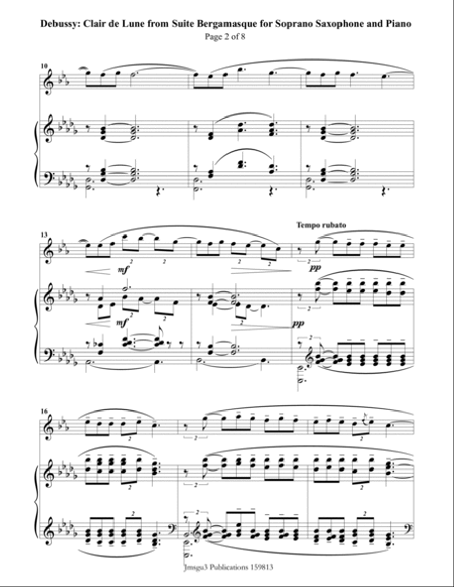 Debussy: Clair de Lune for Soprano Sax and Piano Soprano Saxophone scores gallery preview page 2