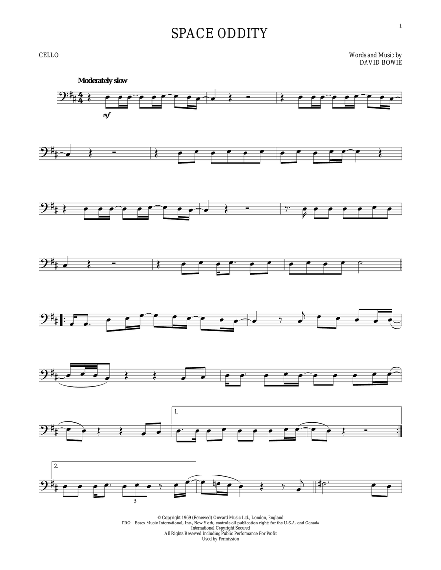 Space Oddity Cello Solo scores gallery preview page 1