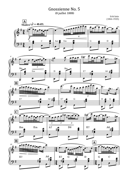 Erik Satie - Gnossiennes No.5 - from Trois Gnossiennes - Original For Piano Solo image number null