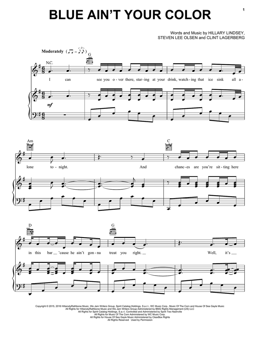 Blue Ain't Your Color Piano, Vocal, Guitar scores gallery preview page 1