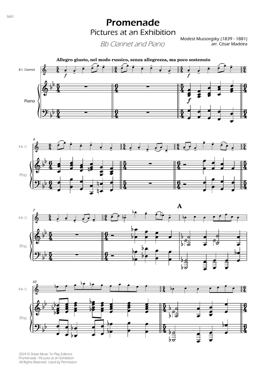Book cover for Pictures at an Exhibition - Promenade - Bb Clarinet and Piano (Full Score)