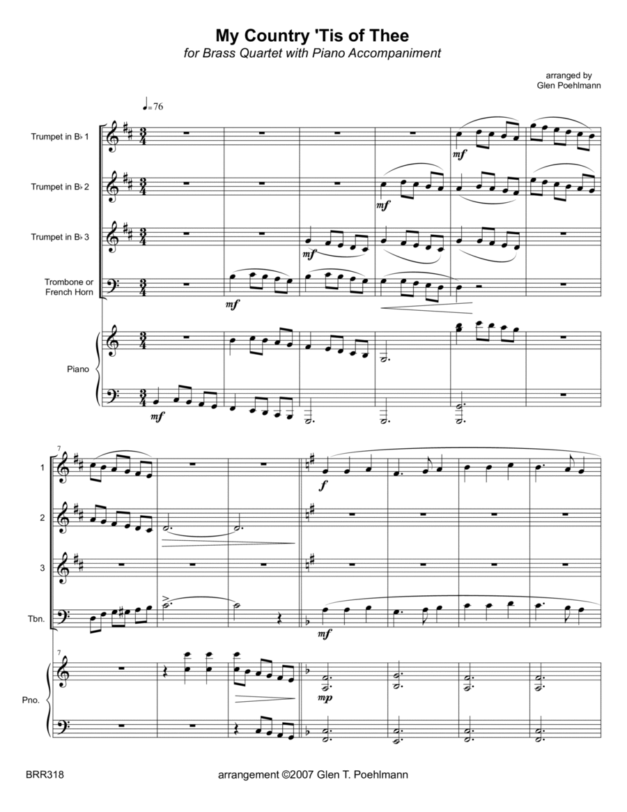 MY COUNTRY TIS OF THEE - BRASS QUARTET with Piano accompaniment Brass Quartet scores gallery preview page 1
