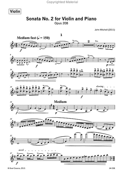 Sonata No. 2 for Violin and Piano, Opus 208 - Violin Part