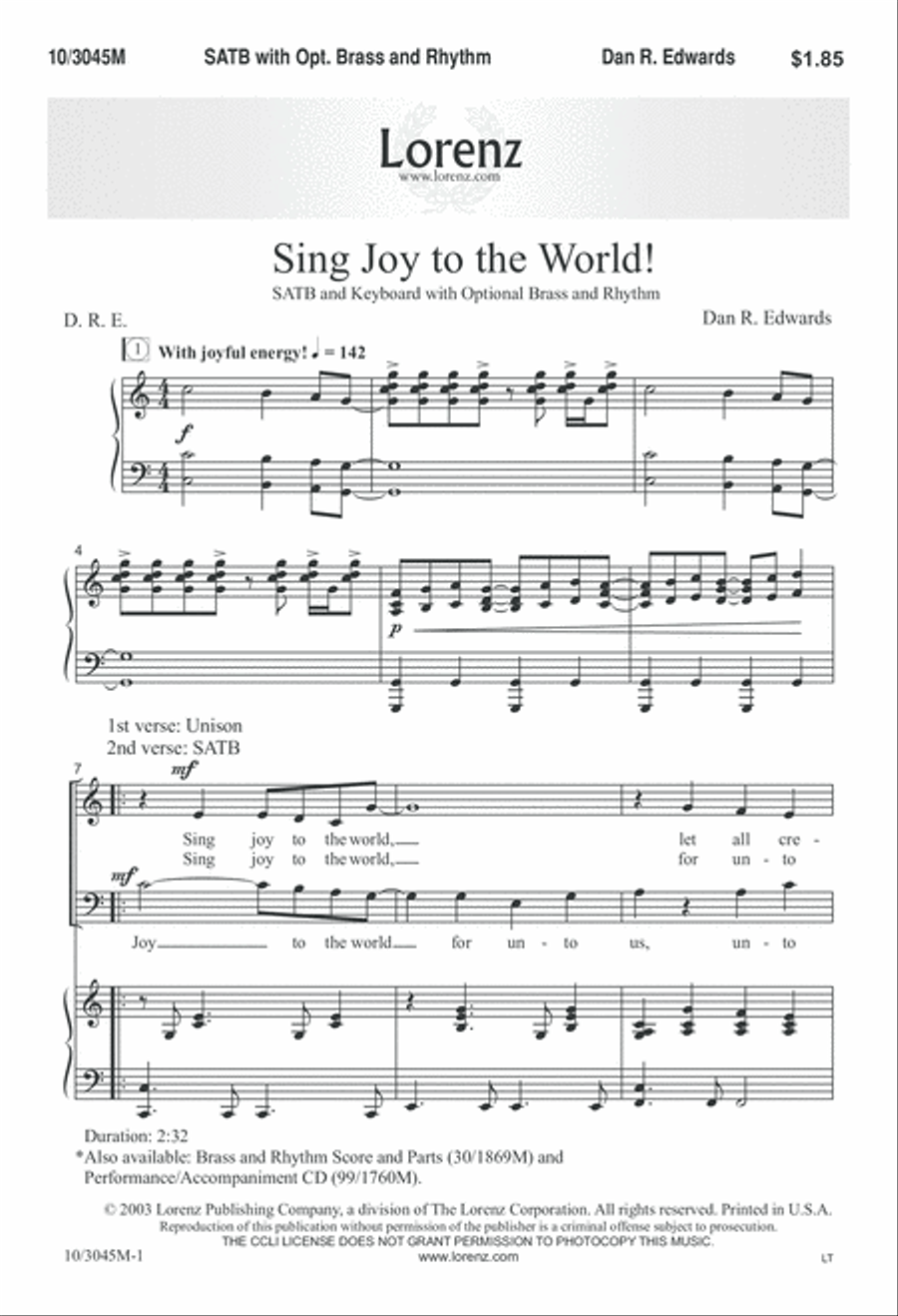 Sing Joy to the World Sing Joy to the World 4-Part scores gallery preview page 1