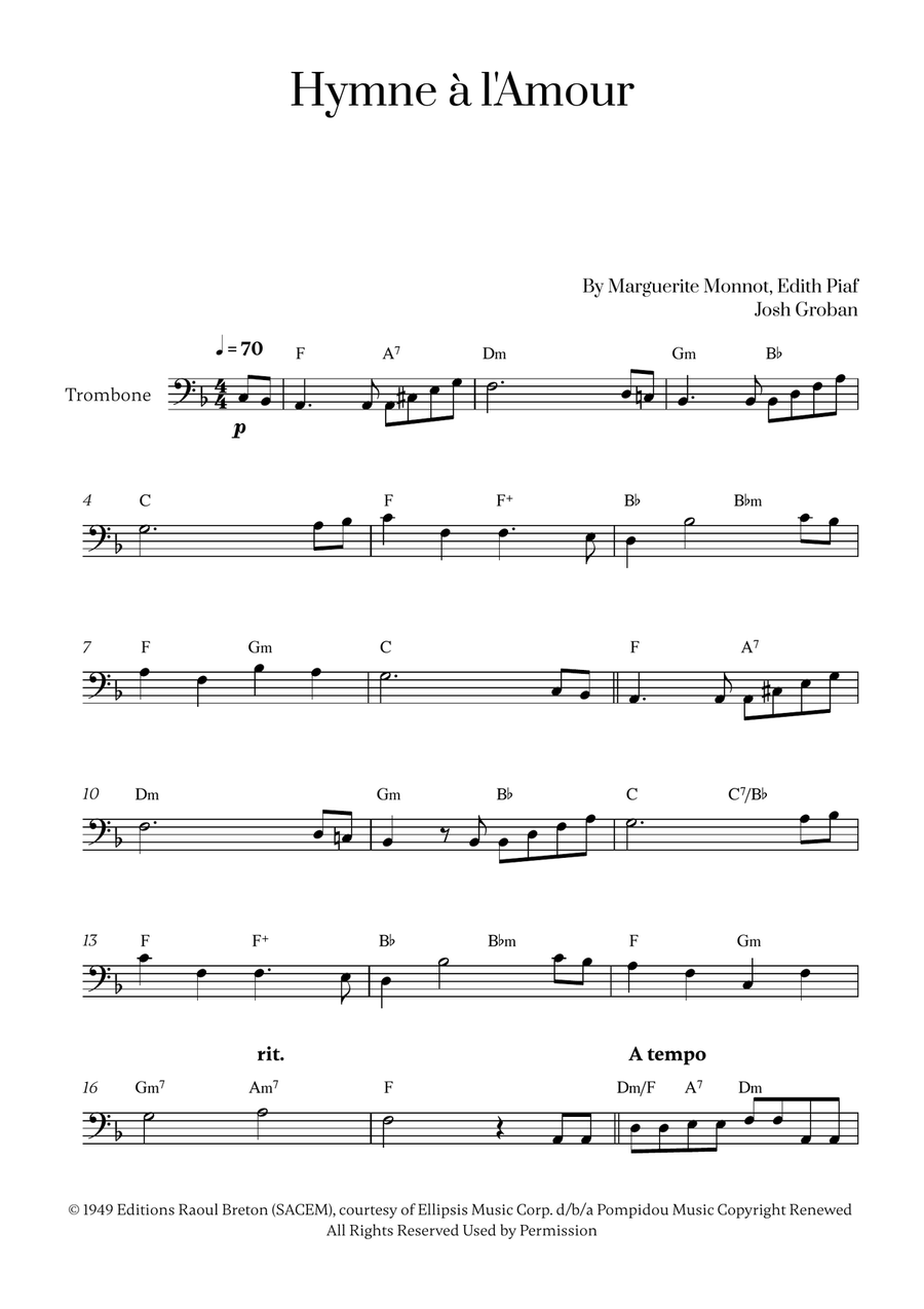 Hymne A L'amour Hymne A L'amour Trombone Solo scores gallery preview page 1