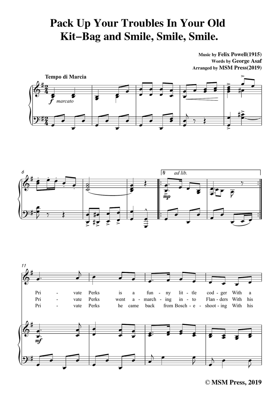 Felix Powell-Pack Up Your Troubles In Your Old Kit Bag and Smile Smile Smile,in G Major Piano, Vocal scores gallery preview page 3