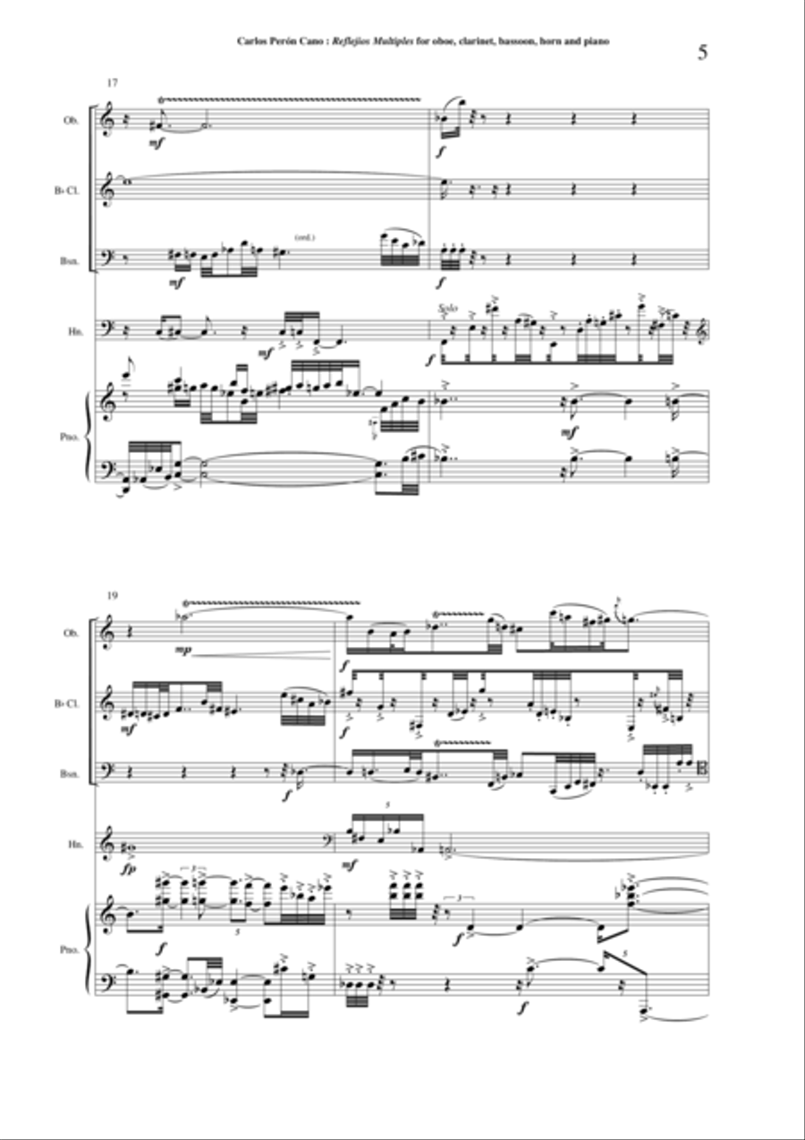 Carlos Perón Cano: Reflejos multiples (2003) for oboe, Bb clarinet, bassoon, horn and piano Woodwind Quartet scores gallery preview page 5