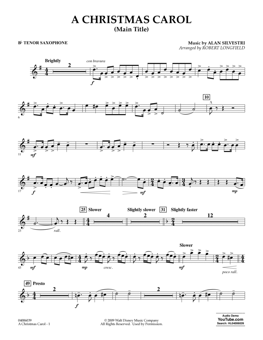 A Christmas Carol (Main Title) (arr. Robert Longfield) - Bb Tenor Saxophone