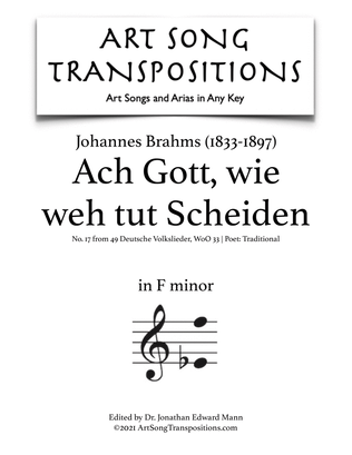 Book cover for BRAHMS: Ach Gott, wie weh tut Scheiden (transposed to F minor)