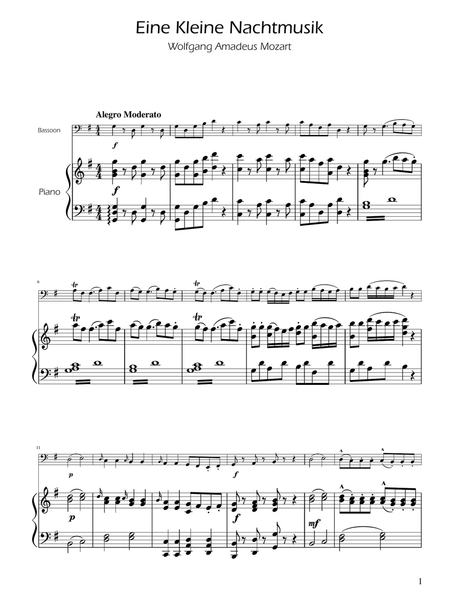 Mozart: Eine Kleine Nachtmusik (K.525) - Bassoon Solo w/ Piano Bassoon Solo scores gallery preview page 1