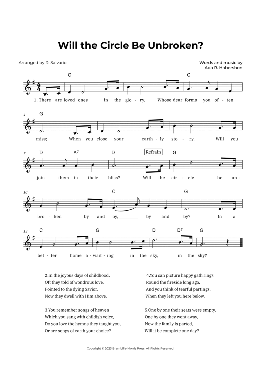 Will the Circle Be Unbroken (Key of G Major) Piano scores gallery preview page 1