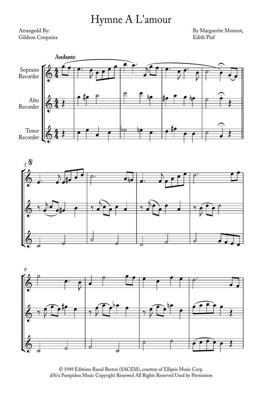 Hymne A L'amour Soprano Recorder scores gallery preview page 1