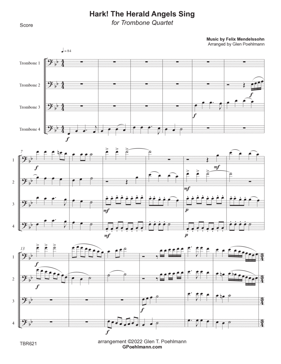 HARK! THE HERALD ANGELS SING - Trombone Quartet (unaccompanied) - Grade 4 image number null