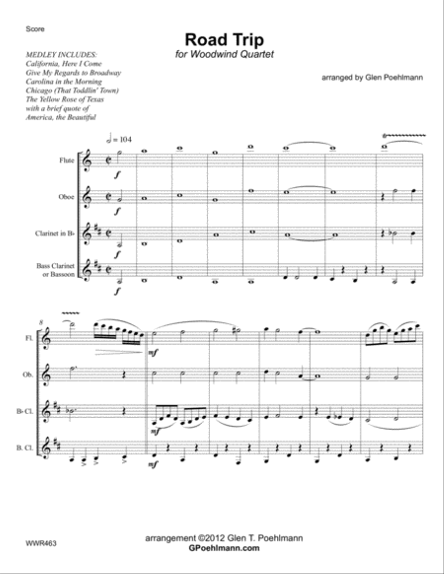 ROAD TRIP MEDLEY for WOODWIND QUARTET (5 American songs) Woodwind Quartet scores gallery preview page 1