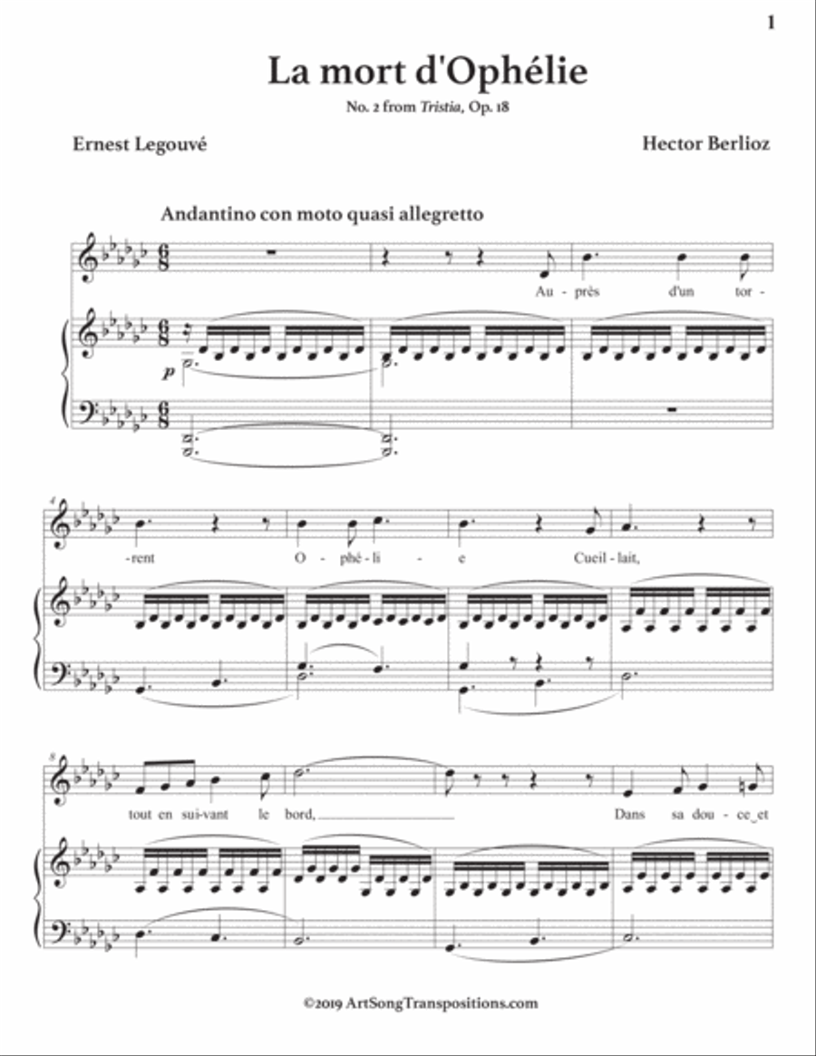 BERLIOZ: La mort d'Ophélie, Op. 18 no. 2 (transposed to G-flat major) Voice scores gallery preview page 2