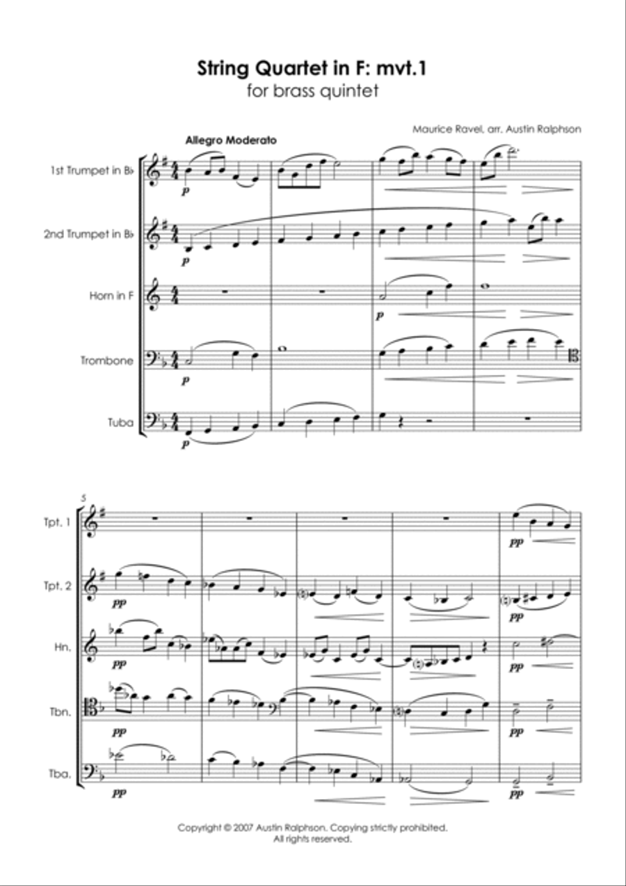 String Quartet in F - mvt.1 (Ravel) for brass - brass quintet image number null