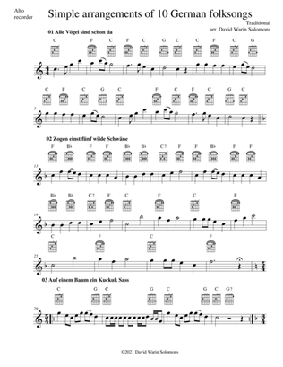 10 Volkslieder - Simple arrangements of 10 German folk songs (alto recorder and guitar chords)