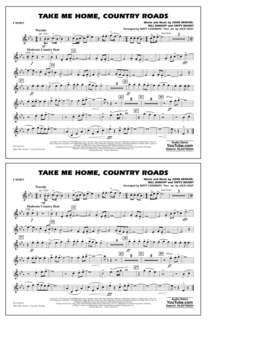 Take Me Home, Country Roads (arr. Matt Conaway) - F Horn