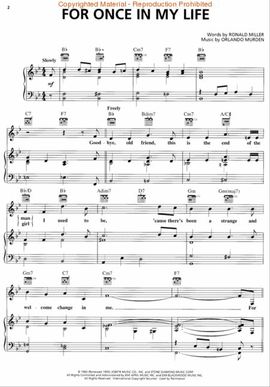 For Once in My Life Piano, Vocal, Guitar scores gallery preview page 2
