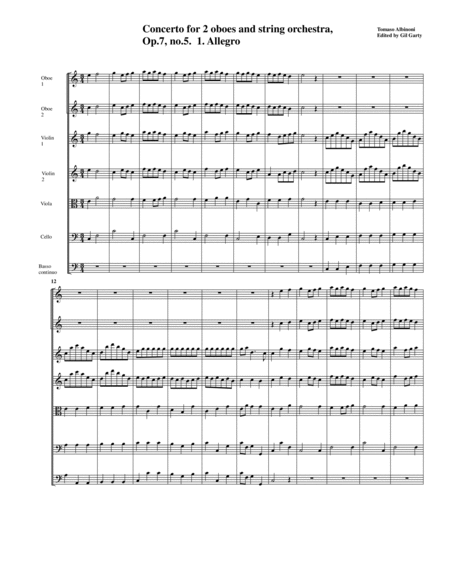 Concerto for 2 oboes and string orchestra, Op.7, no.5 in C major (Original version - score and parts