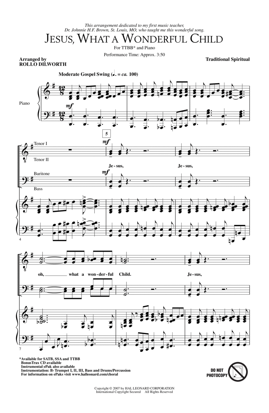 Jesus, What A Wonderful Child TTBB scores gallery preview page 1