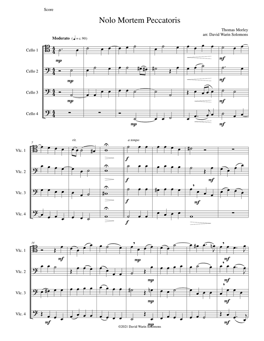 Nolo mortem peccatoris (I do not wish a sinner to die) for 4 cellos Cello Solo scores gallery preview page 1