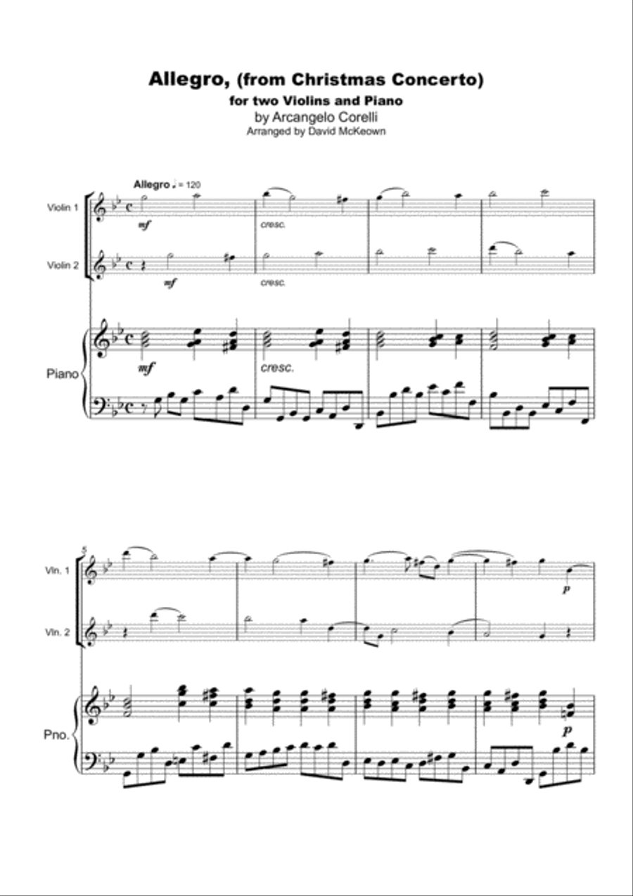 Christmas Concerto, Allegro, by Corelli; for Violin Duet or Solo, with optional Piano String Duet scores gallery preview page 2