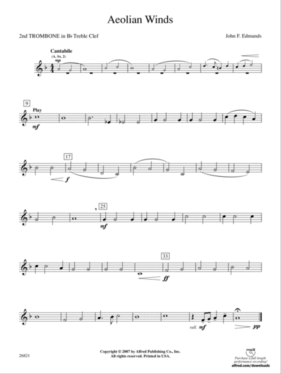 Aeolian Winds: (World Part) 2nd B-flat Trombone T.C. Concert Band scores gallery preview page 1