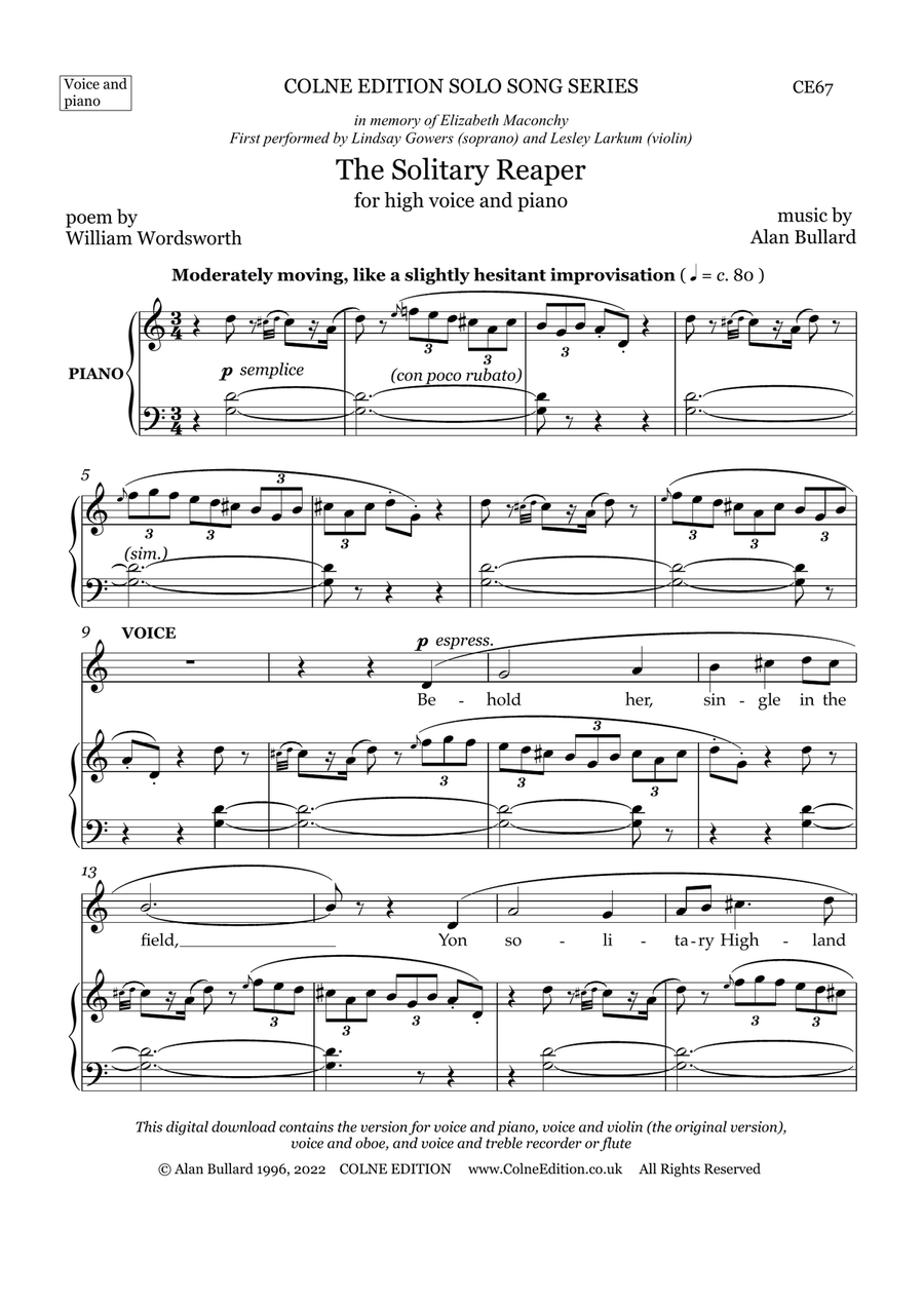 The Solitary Reaper (high voice with piano, or violin, or oboe, or treble recorder/flute) Piano, Vocal scores gallery preview page 3