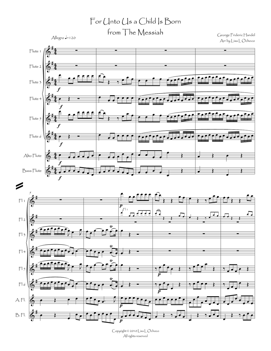 For Unto Us a Child Is Born from The Messiah for Flute Choir Flute Choir scores gallery preview page 3